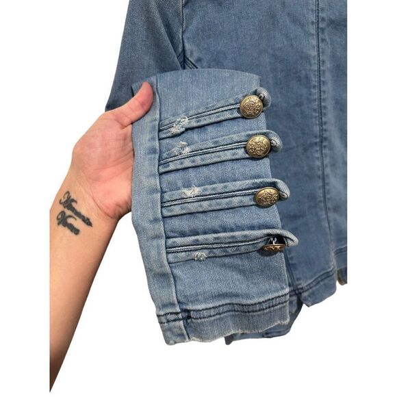 Free People Fitted Military Nautical Embellished Sleeves Jacket XS Denim - Picture 4 of 11